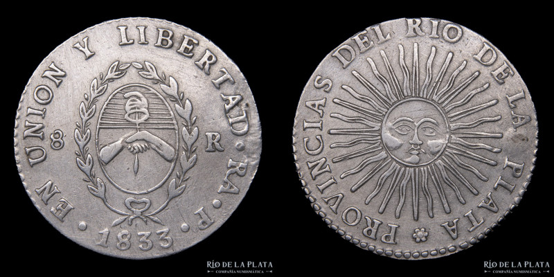 Argentina. La Rioja. 8 Reales 1833 RA P (Manuel Piñeyro). AG.875; 38.5mm; 26.63g...