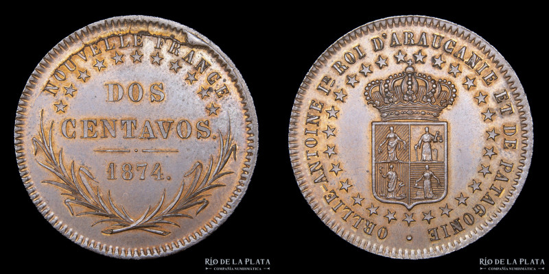 Argentina / Chile. Araucania y Patagonia. 2 Centavos 1874. Cobre; 30.9mm; 10.0g....