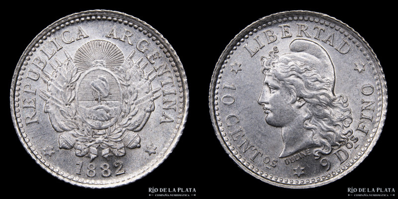 Argentina. 10 Centavos 1882. AG.900; 18.3mm; 2.50g. Buenos Aires mint. CJ 21; KM...