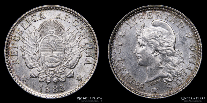 Argentina. 10 Centavos 1883. AG.900, 18.3mm; 2.50g. Buenos Aires mint. CJ 22; KM...