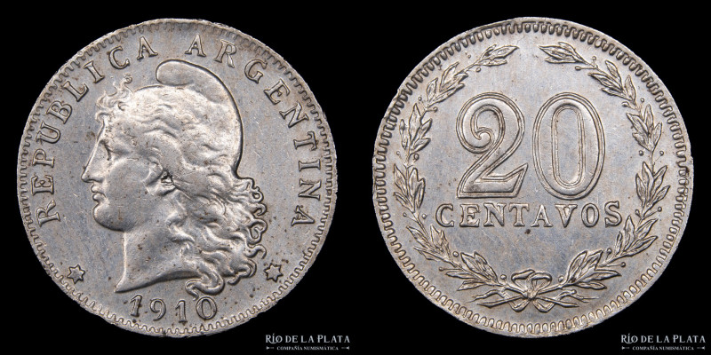 Argentina. 20 Centavos 1910. CuNi; 21.5mm; 4.00g. CJ 61; KM36 (XF+)

Estimate:...