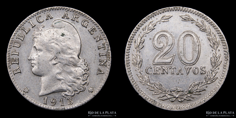 Argentina. 20 Centavos 1913. CuNi; 21.5mm; 4.00g. CJ 64; KM64 (AU)

Estimate: ...