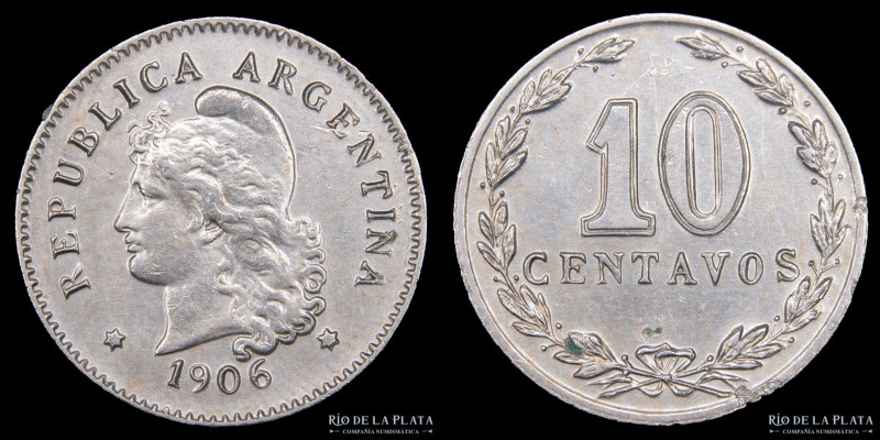 Argentina. 10 Centavos 1906. Cu-Ni; 19mm; 3g. CJ 95 (AU) desperfecto de cospel c...