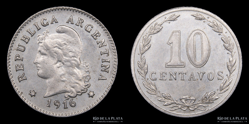 Argentina. 10 Centavos 1916. Cu-Ni; 19mm; 3g. CJ 110 (UNC)

Estimate: USD 60-9...