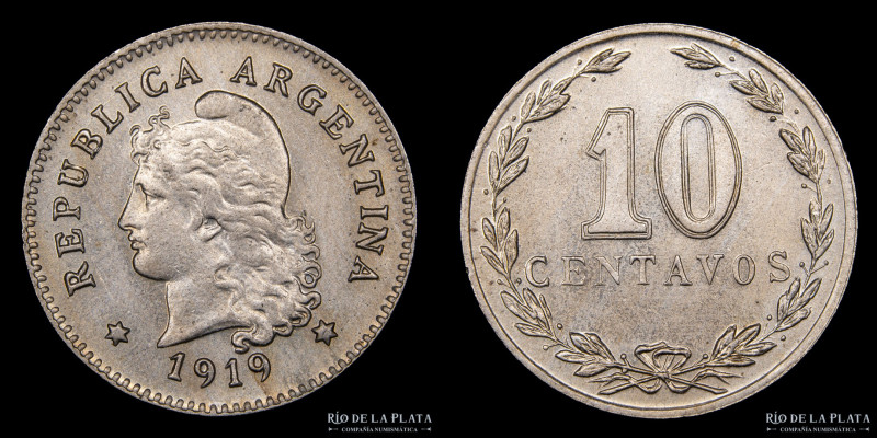 Argentina. 10 Centavos 1919. Cu-Ni; 19mm; 3g. CJ 108 (UNC) 

Estimate: USD 40-...