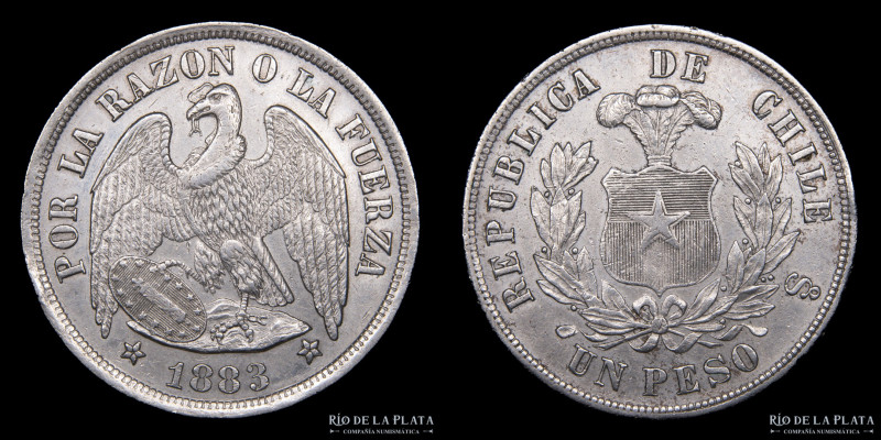 Chile. 1 Peso 1883 So. Santiago mint. AG.900 37.0mm; 24.68g. Cóndor. KM142.1 (XF...