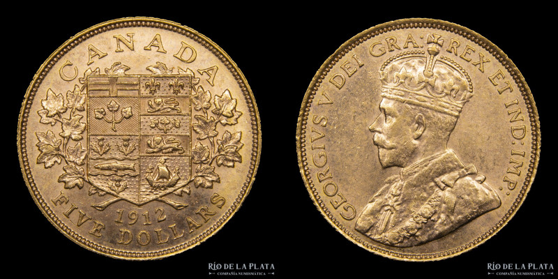 Canadá. 5 Dollars 1912. Oro (AU.900); 21.6mm; 8.39g. KM26 (XF+)

Estimate: USD...