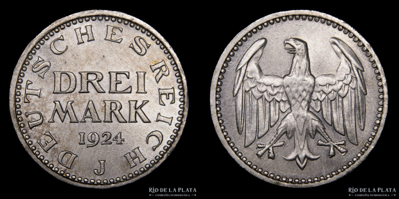 Alemania. República de Weimar. 3 Marks 1924 J. AG.500, 33.0mm; 15.0g. KM 43 (AU/...