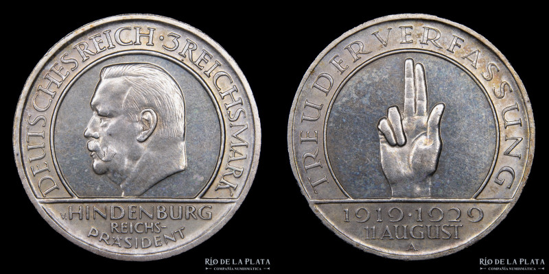 Alemania. Weimar. 3 Marks 1929 A. AG.500; 30.0mm; 15.00g. PROOF. KM63 (XF) Hairl...