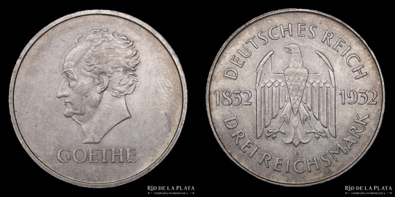 Alemania Weimar. 3 Reichsmark 1932 E. AG.500, 30.0mm; 15.00g. (Goethe). KM76 (AU...