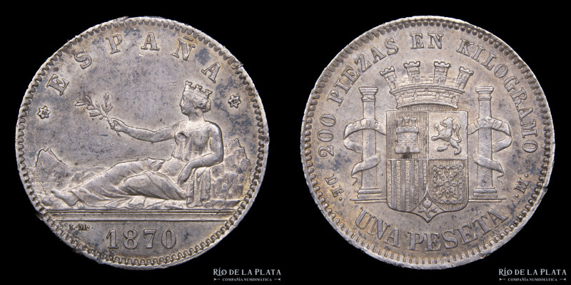 España. Gobierno Provisional (1868-1871) 1 Peseta 1870 DE-M. AG.835; 23.0mm; 5.0...