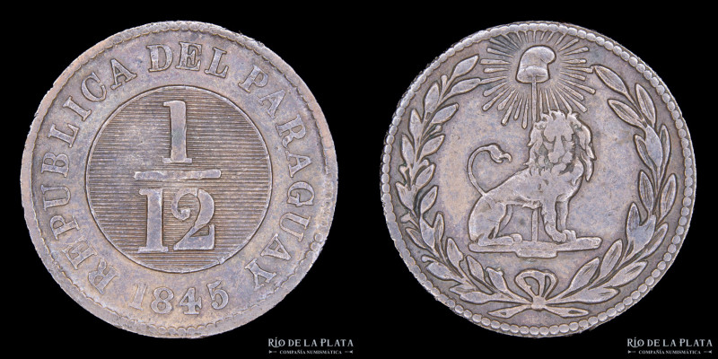 Paraguay. 1/12 Real 1845. Asunción crude. 30 Rayos. CU; 24.0mm; 6.35g. Ciotti 23...