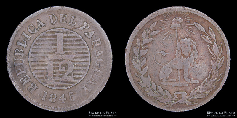 Paraguay. 1/12 Real 1845. Asunción crude. 32 Rayos. CU; 24.0mm; 6.00g. Ciotti 59...