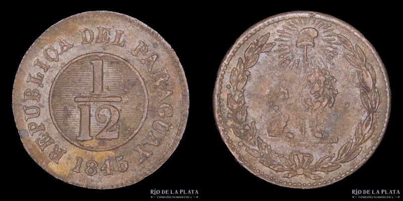 Paraguay. 1/12 Real 1845. Asunción crude. 34 Rayos. CU; 24.0mm; 6.19g. Ciotti 82...