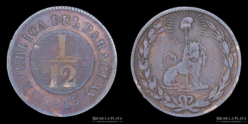 Paraguay. 1/12 Real 1845. Asunción crude. 34 Rayos. CU; 24.0mm; 5.71g. Ciotti 87...