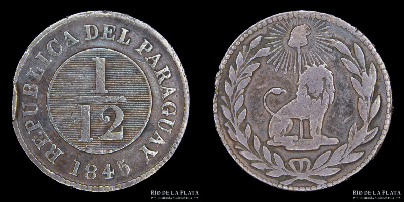 Paraguay. 1/12 Real 1845. Asunción crude. 37 Rayos. CU; 24.0mm; 6.18g. Ciotti 12...