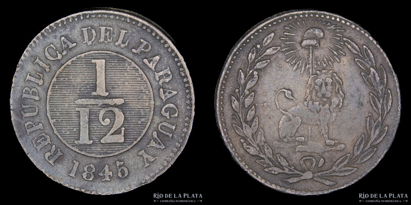 Paraguay. 1/12 Real 1845. Asunción crude. 38 Rayos. CU; 24.0mm; 6.19g. Ciotti 13...