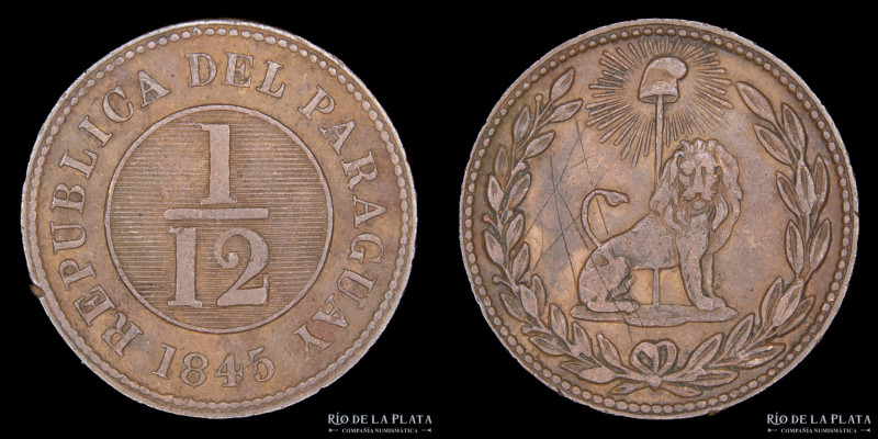 Paraguay. 1/12 Real 1845. Asunción crude. 38 Rayos. CU; 24.0mm; 6.05g. Ciotti 16...