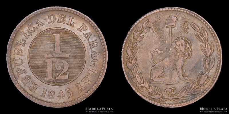 Paraguay. 1/12 Real 1845. Asunción crude. 38 Rayos. CU; 24.0mm; 5.98g. Ciotti 16...