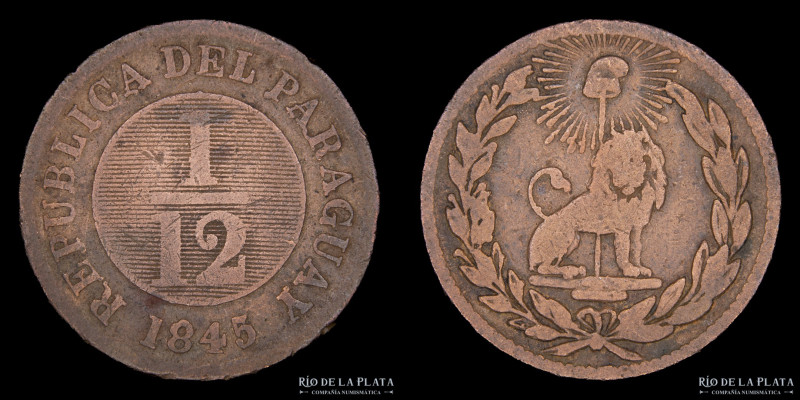 Paraguay. 1/12 Real 1845. Asunción crude. 39 Rayos. CU; 24.0mm; 5.88g. Ciotti 18...