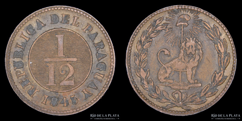 Paraguay. 1/12 Real 1845. Asunción crude. 39 Rayos. CU; 24.0mm; 6.23g. Ciotti 19...