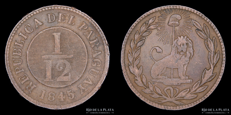 Paraguay. 1/12 Real 1845. Asunción crude. 39 Rayos. CU; 24.0mm; 5.84g. Ciotti 19...