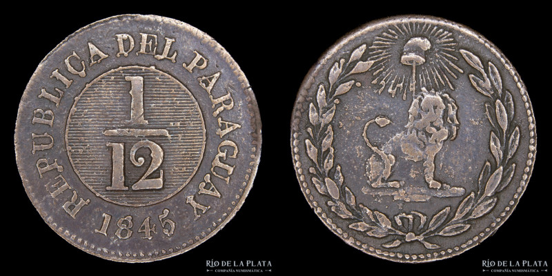 Paraguay. 1/12 Real 1845. Asunción crude. 41 Rayos. CU; 24.0mm; 4.81g. Ciotti 20...