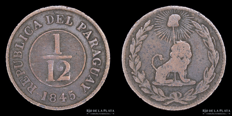 Paraguay. 1/12 Real 1845. Asunción crude. 41 Rayos. CU; 24.0mm; 5.78g. Ciotti 21...