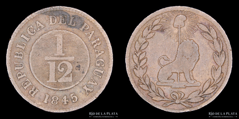 Paraguay. 1/12 Real 1845. Birmingham. Reverso de Moneda. 35 Rayos. CU; 24.0mm; 5...