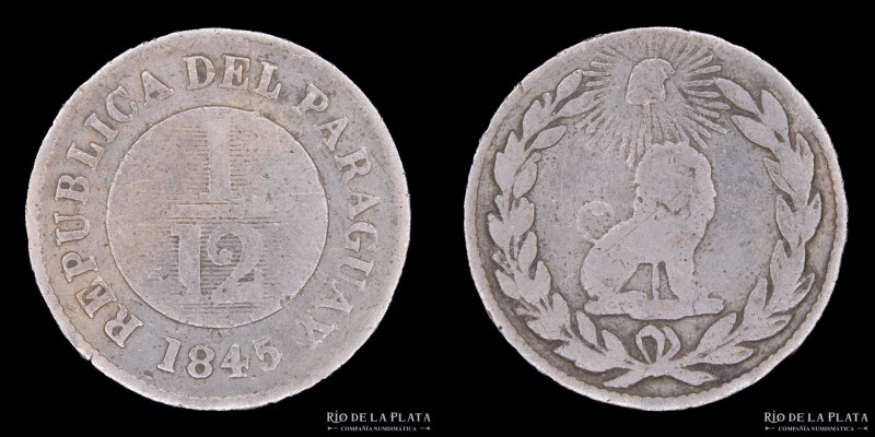 Paraguay. 1/12 Real 1845. Birmingham. 38 Rayos. CU; 24.0mm; 5.53g. Ciotti 147B. ...