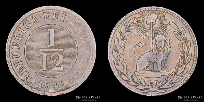 Paraguay. 1/12 Real 1845. Birmingham. 38 Rayos. CU; 24.0mm; 6.22g. Ciotti 154B. ...