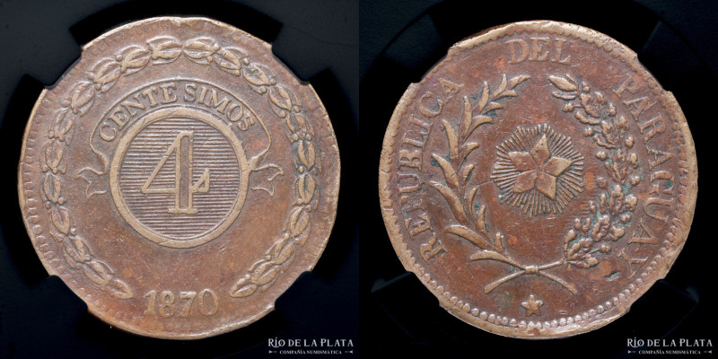 Paraguay. 4 Centésimos 1870. Asunción, Acuñación rústica, CU, 35.5mm. KM 4.2. Ce...