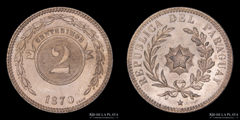 Paraguay. 2 Centésimos 1870. Birmingham Mint (UK). CU; 29.5mm; 9.99g. KM3 Specim...