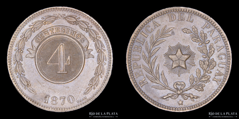 Paraguay. 4 Centésimos 1870. Birmingham Mint (UK). CU; 35mm; 20g. KM4.1 (AU)

...