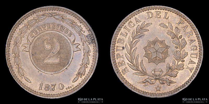 Paraguay. 2 Centésimos 1870. Birmingham Mint (UK). CU; 29.5mm; 10.0g. KM 3 (UNC)...