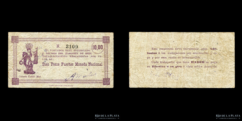 Paraguay. Colonia Puerto Max. Vales de Mercadería. 10 Pesos Fuertes sellado en 1...