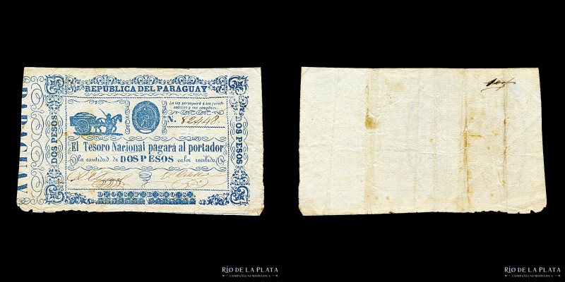 Paraguay. Tesoro Nacional. 2 Pesos ND (1865) Firmas: Ferriol - Ortellado. P22 (F...