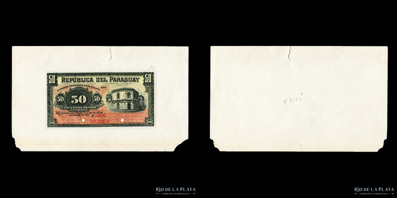 Paraguay. Banco Estatal. Specimen 50 Pesos 1907. Montado en cartulina. P121s; MC...