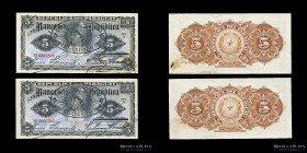 Paraguay. 2 x 5 Pesos Fuertes 1907 Resello 1912