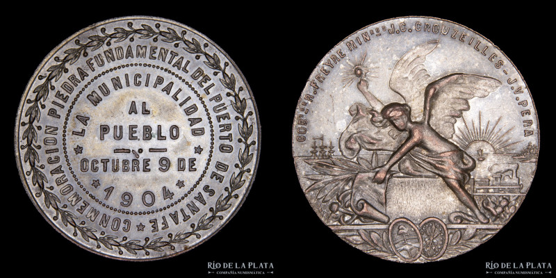 Argentina. 1904. Piedra Fundamental Puerto de Santa Fé. Cobre plateado; 34mm; 20...