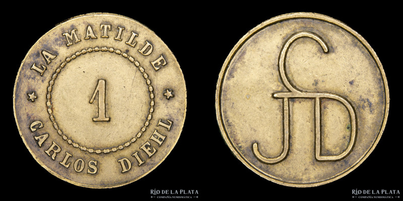 Ficha. Valor 1. La Matilde. Carlos Diehl. Marca 1697. Chacabuco. Bronce; 23mm; 4...