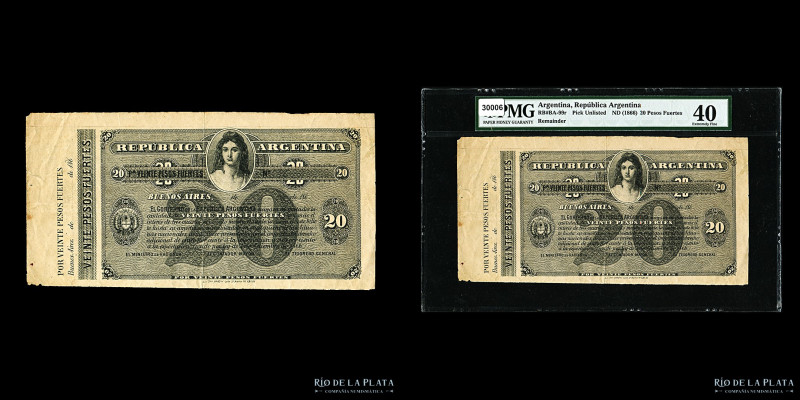 Argentina. Billetes de Aduana (Buenos Aires) 20 Pesos Fuertes ND 1866 Remainder....