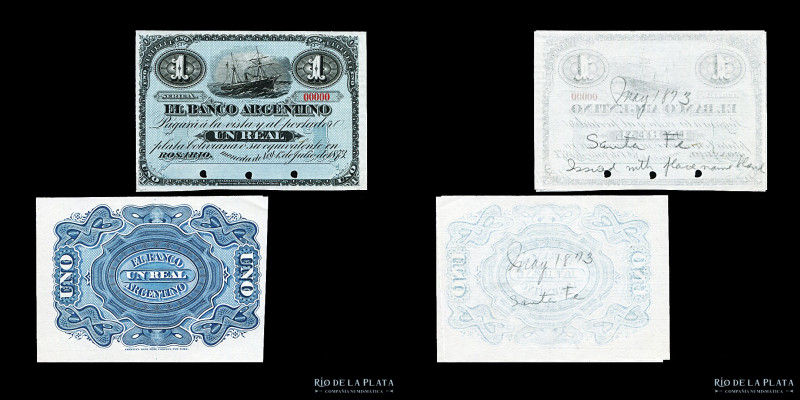 Argentina. Santa Fe, Rosario. Banco Argentino. 1 Real Plata Boliviana 1873 Prueb...