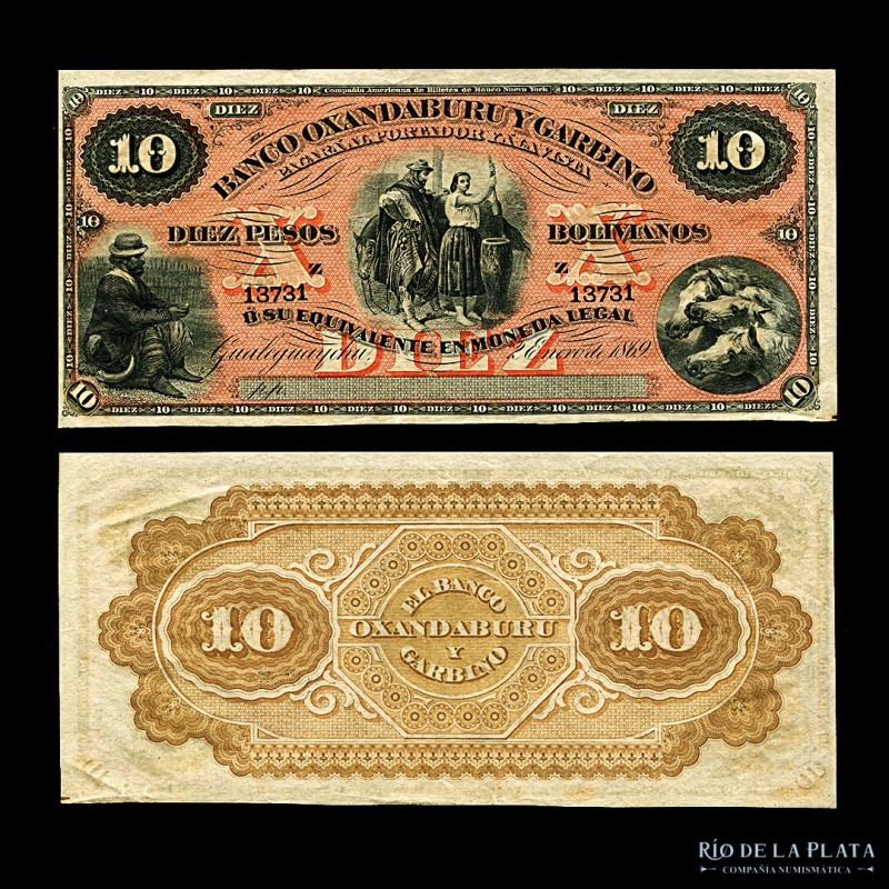 Argentina. Entre Ríos. Oxanduburu y Garbino. 10 Pesos Boliviano 1869 Remainder. ...