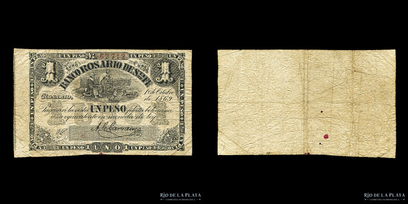 Argentina. Rosario. 1 Peso Plata Boliviana 1869. Banco Rosario de Santa Fe. Baum...