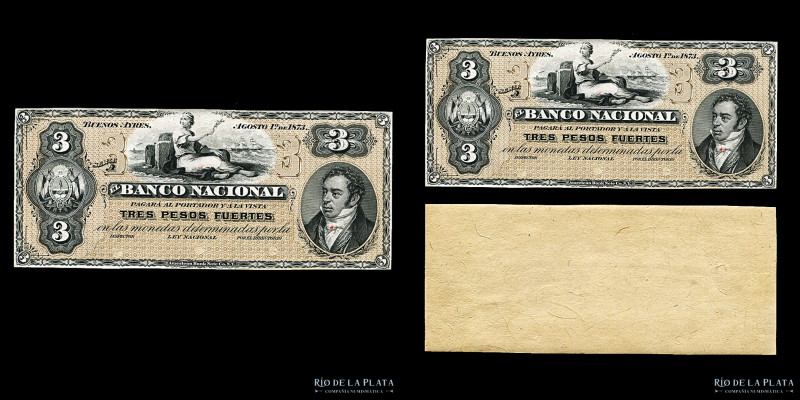 Argentina. Banco Nacional. Prueba 3 Pesos Fuertes 1873 sobre cartulina. Bauman-B...