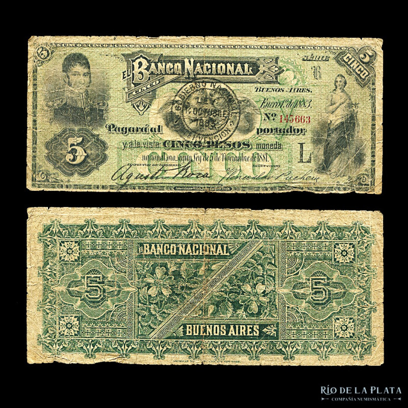 Argentina. Banco Nacional. 5 Pesos 1883, resello revalidación 1885. 1º Emisión p...