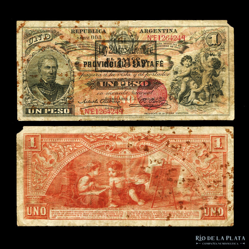 Argentina. Banco Provincial de Santa Fé. Bancos Garantidos. 1 Peso 1884 con rese...