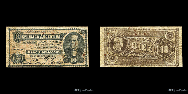 Argentina. Fraccionarios R-Lange. 10 Centavos 1884 (Sarmiento). Firmas: Roca - P...