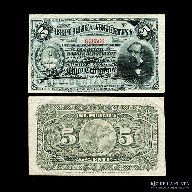 Argentina. Caja de Conversión - Fraccionarios. 5 Centavos 1895 (Avellaneda). Fir...